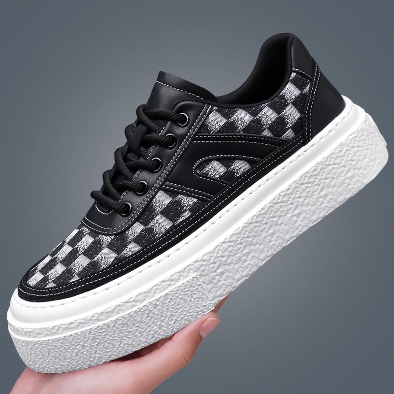 Fashion Height - increasing Round Toe Thick Sole Breathable Checkered Thin Laces Non - slip Casual Sneakers  Men's Shoes Lace-up