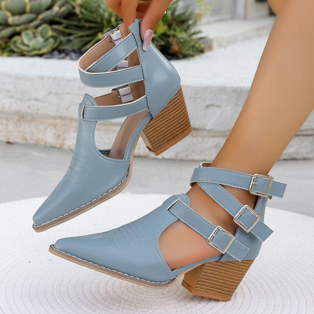 Außenhandel Übergröße Keilabsatz Sandalen Damen Europäisch und Amerikanisch Herbst Neu Hoher Absatz Dicker Absatz Spitz Gürtelschnalle Damen Sandalen