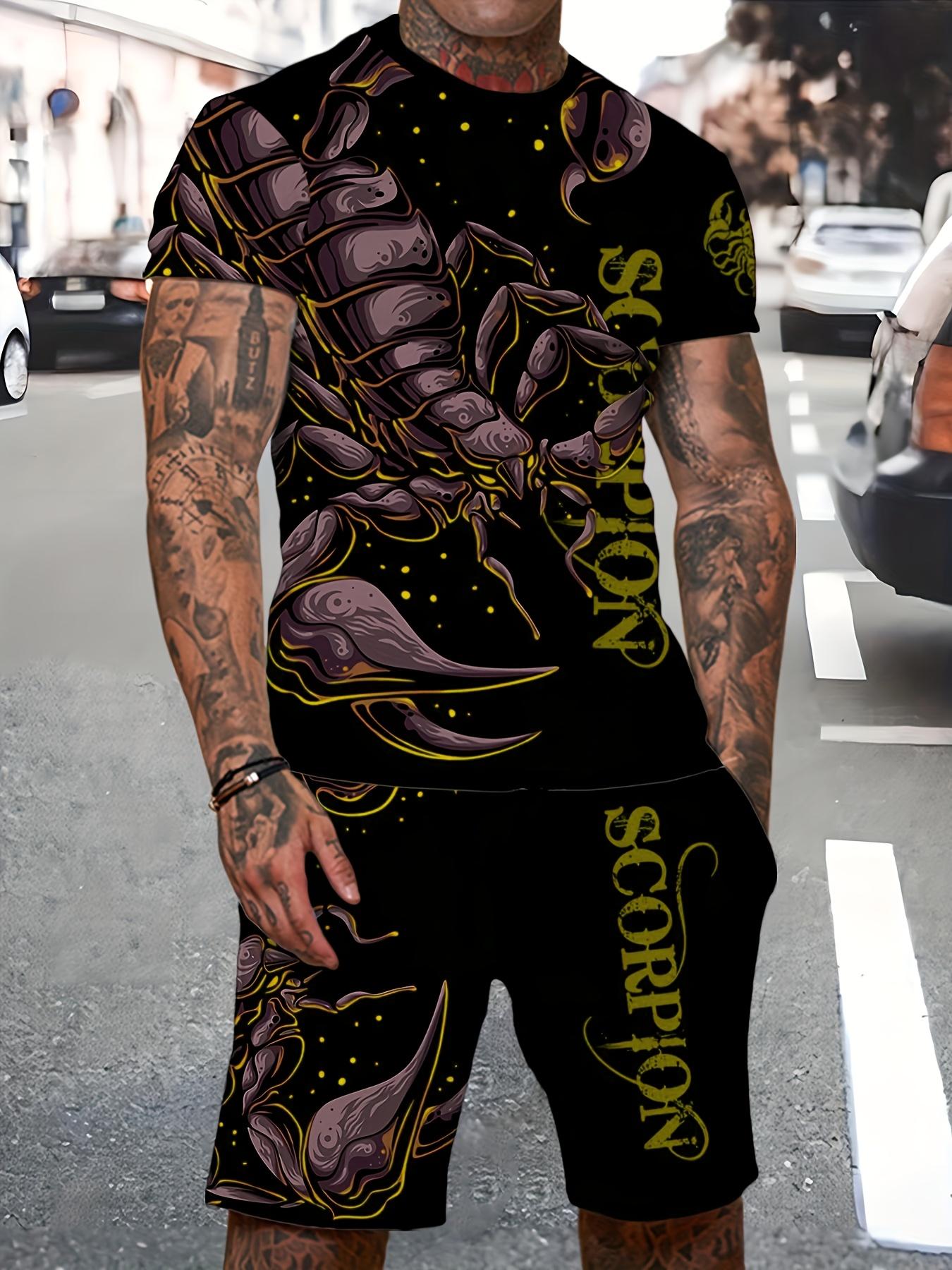 

Men Summer 2Pcs Set Purple Scorpion Print Casual Outfit S