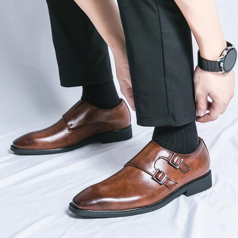 Men Shoes British Fashion Black Brown Patchwork Monk Strap Formal Shoes Man Male Dress Wedding Prom Homecoming Shoes for Men