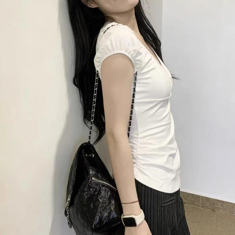 Vintage Solid Color T Shirt Kawaii V Neck Pullovers Tee Shirt Women Y2K Aesthetic White Button Short Sleeve Summer