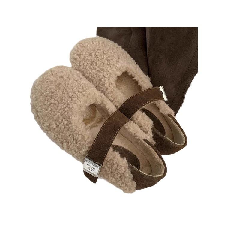 Lamb wool shoes women wear outside in winter autumn and winter new gentle fairy wind velvet warm cotton shoes flat Mary Jane shoes
