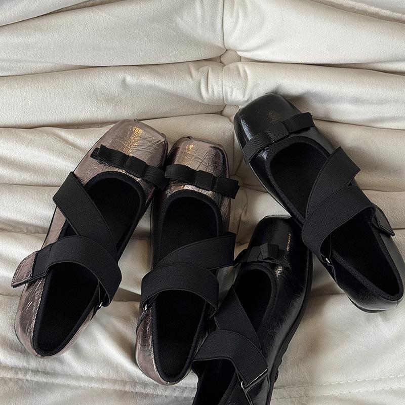Punk Ballet~ Bow Mary Jane Shoes Women's Cross Strap Silver Soft Soled Comfortable Single Shoes Retro Small Leather Shoes