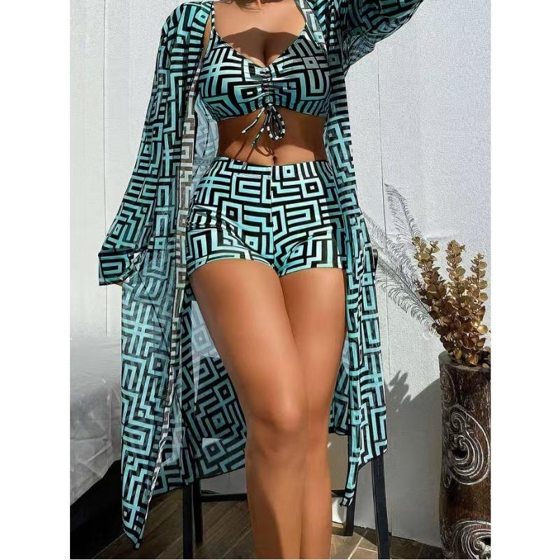 New European and American Women's Split Swimsuit Blouse Three-piece Gather Beach High-waisted Bikini