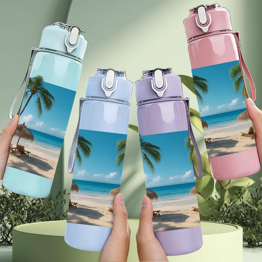 1PC Palm Tree Beach Tropical Island Print 750ml Color Plastic Sports Water Bottle Leakproof Flip Straw Lid Suitable for Sports Office Home Use