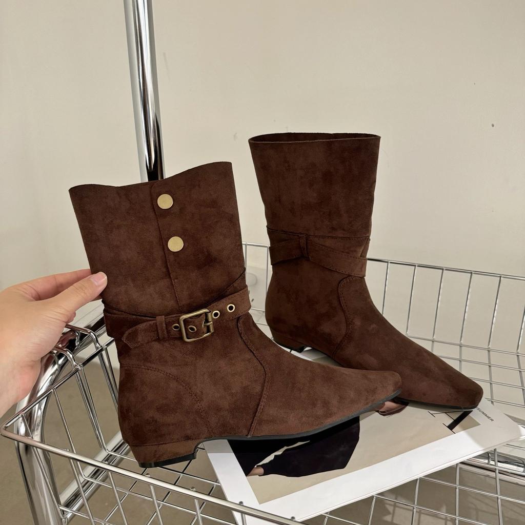 Point belt buckle two wear knight boots women's 2025 new autumn and winter flat western cowboy boots medium tube stacking boots