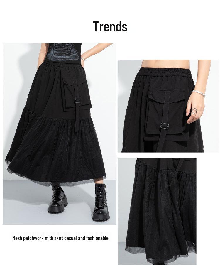 Dark Style A-Line Mesh Patchwork Skirt: Casual, Mid-Length, Elastic Waist, Irregular Flare