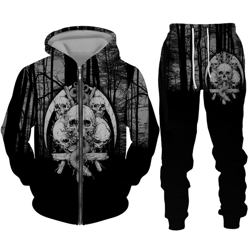 Sudadera con cremallera negra y pantalón con estampado 3D de calavera fresca, conjunto de chándal estilo gótico punk para hombre y mujer, conjunto de chándal 2026, disfraz de streetwear para Halloween