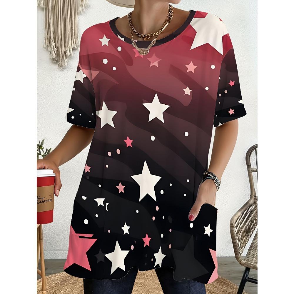 Women's Summer Short Sleeved T-shirt, 3D Printed Pocket T-shirt, Casual Plus Size T-shirt