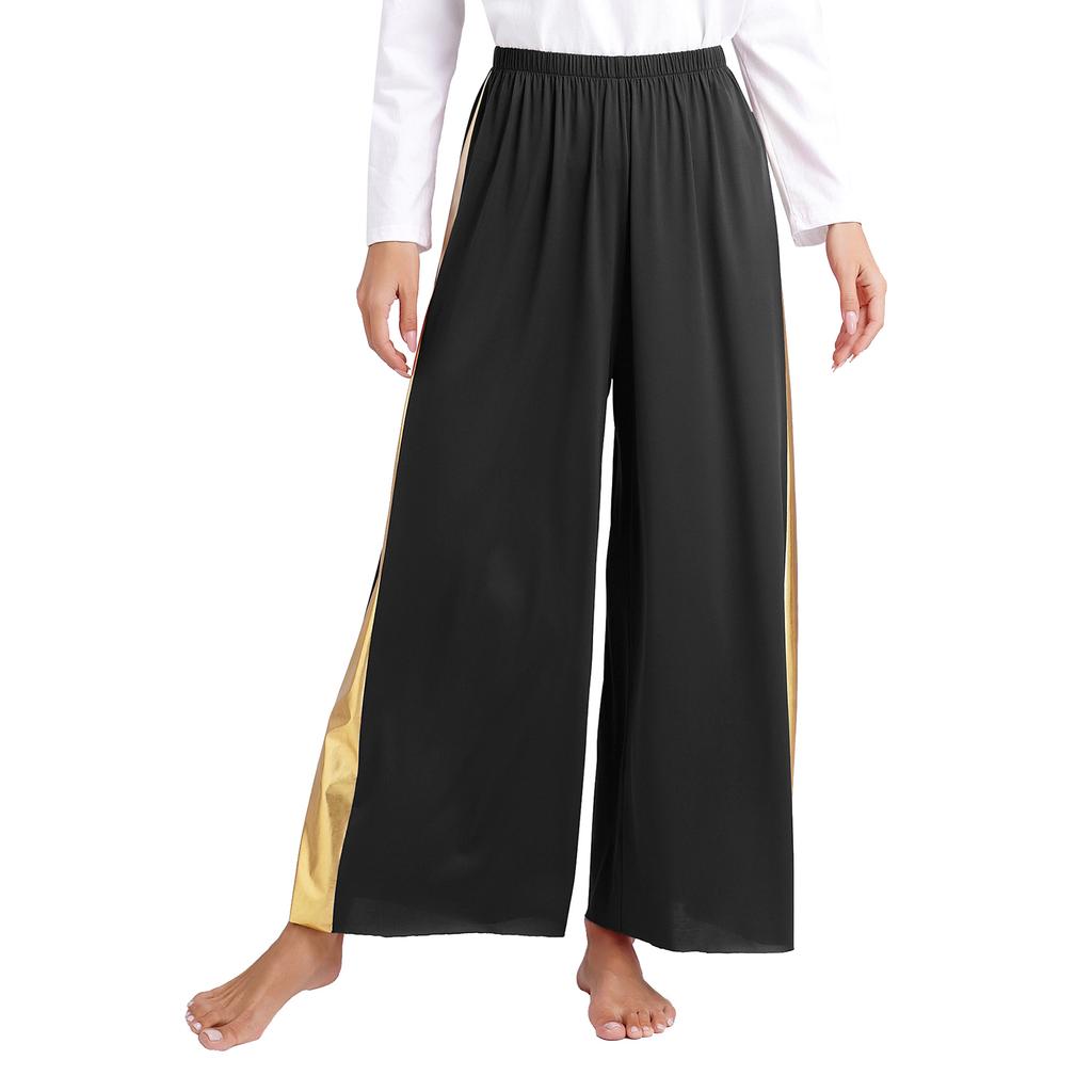 Womens Liturgical Dance Pants Metallic High Waist Elastic Waistband Wide Leg Loose Performance Trousers