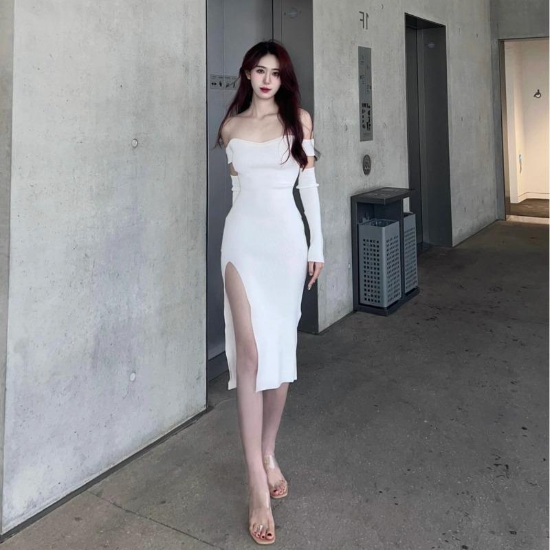 White knitted sexy one-word shoulder dress female autumn royal sister wind pure desire to close the waist split fork inside with a bottom skirt