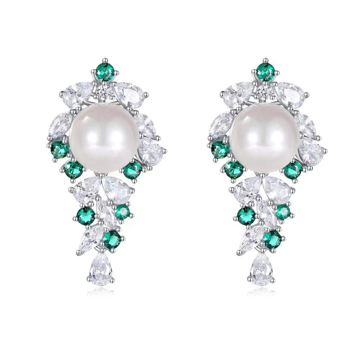 Original Design S925 Sterling Silver Pearl Earrings with Emerald Zirconia - Luxury Retro Dangles S925 Silver