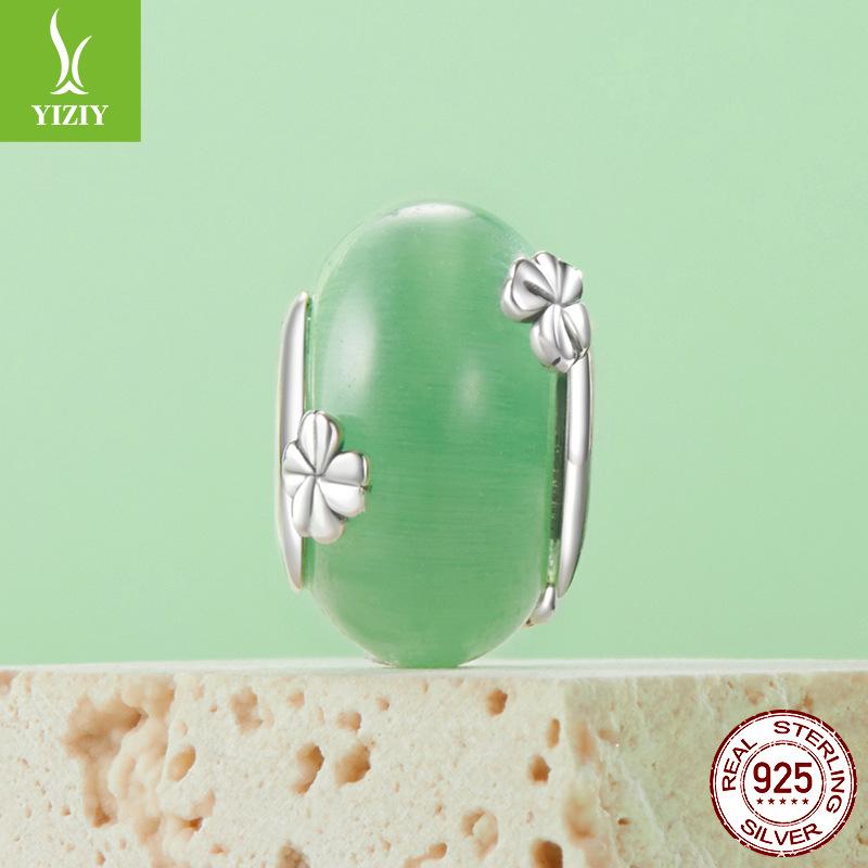 Spring Diy Bracelet Beaded Accessories 925 Silver Green Four-Leaf Clover Glazed Beads