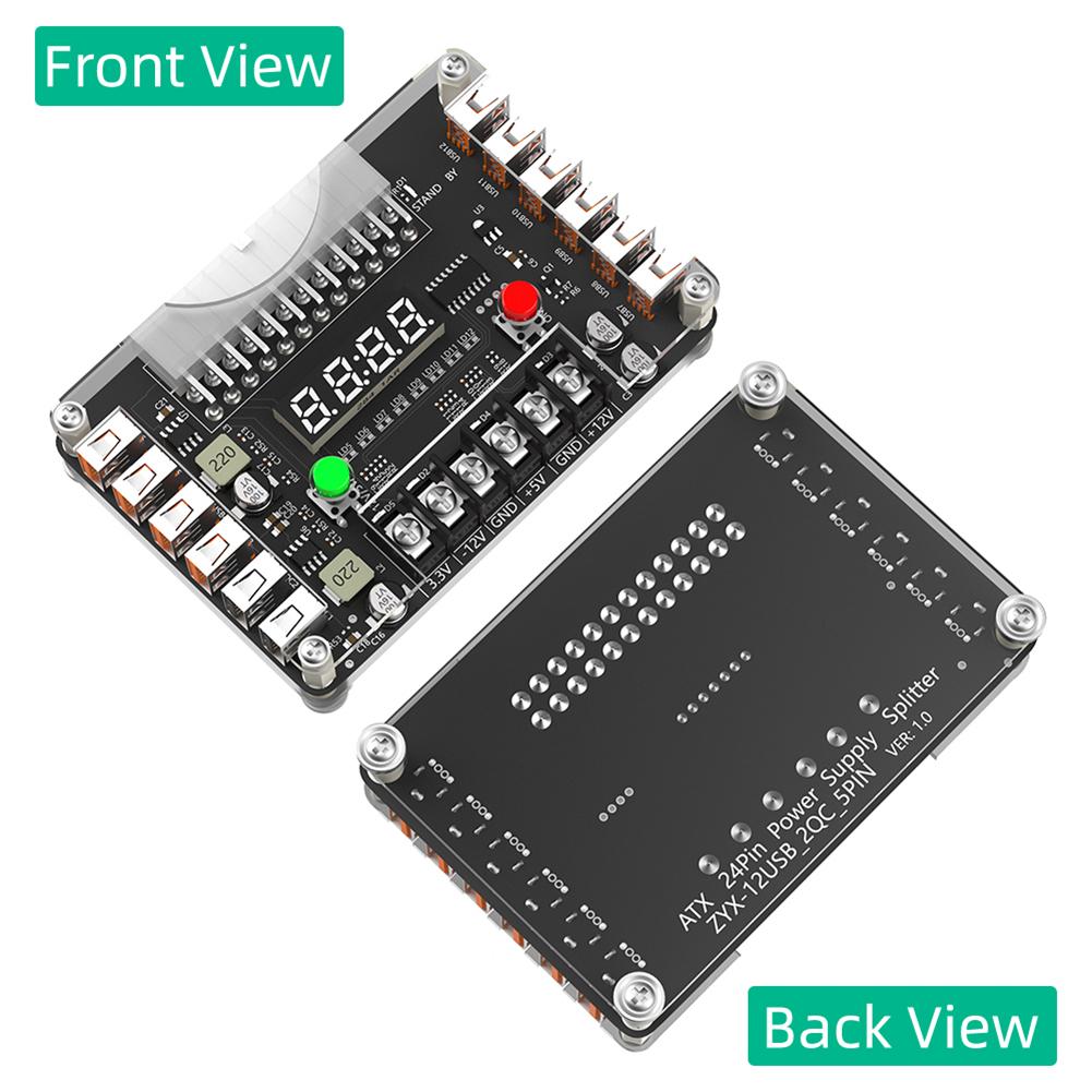 12-Port USB 3A 3.3V 5V 12V -12V Output 24Pin ATX Power Supply Breakout Board with Acrylic Case Kit Power Module for Computer PC