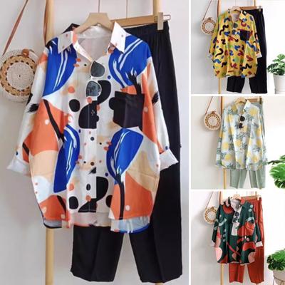 2 Pcs/Set Women Single-breasted Blouse Lapel Set Colorful Print Shirt Pants Long Sleeve Wide Leg