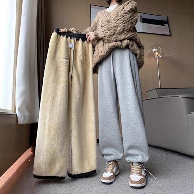 Lamb Wool Wide-leg Pants Women's Autumn and Winter Fleece Thickened Thermal Cotton Pants Wear Casual Drawstring Leggings Sweatpants