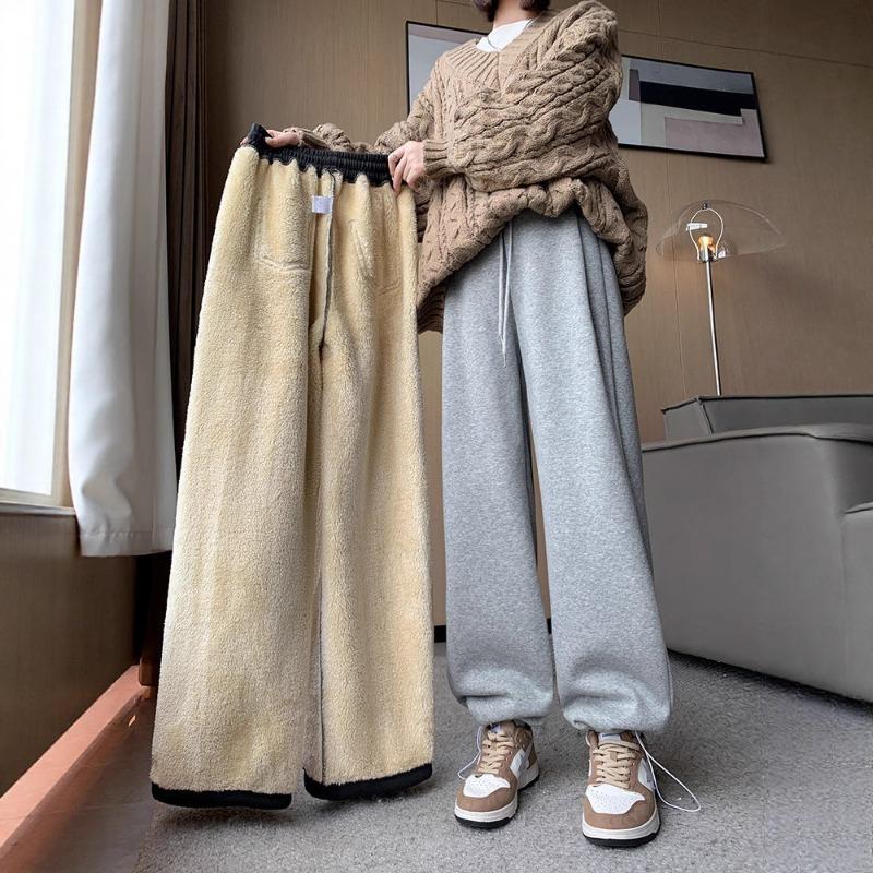 Lamb wool wide-leg pants women's autumn and winter fleece thickened thermal cotton pants wear casual drawstring leggings sweatpants