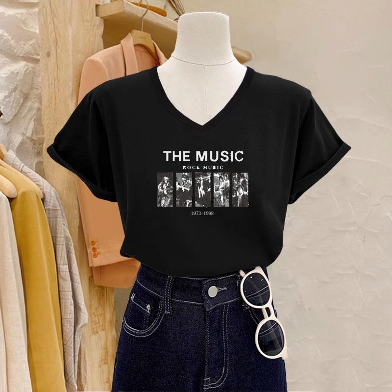 

White T-shirt women s short-sleeved V-neck loose and thin pure cotton summer women s clothing new solid color thin printed front shoulder top 3XL