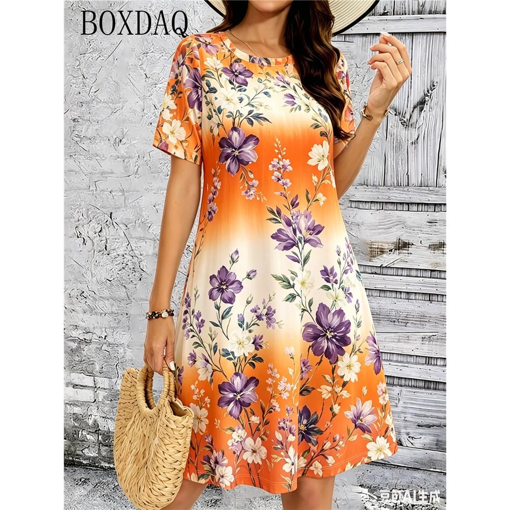 Women's Short Sleeved Round Neck Loose Summer Dress Fashionable Casual Flower Print Daily Dress New Women's Clothing