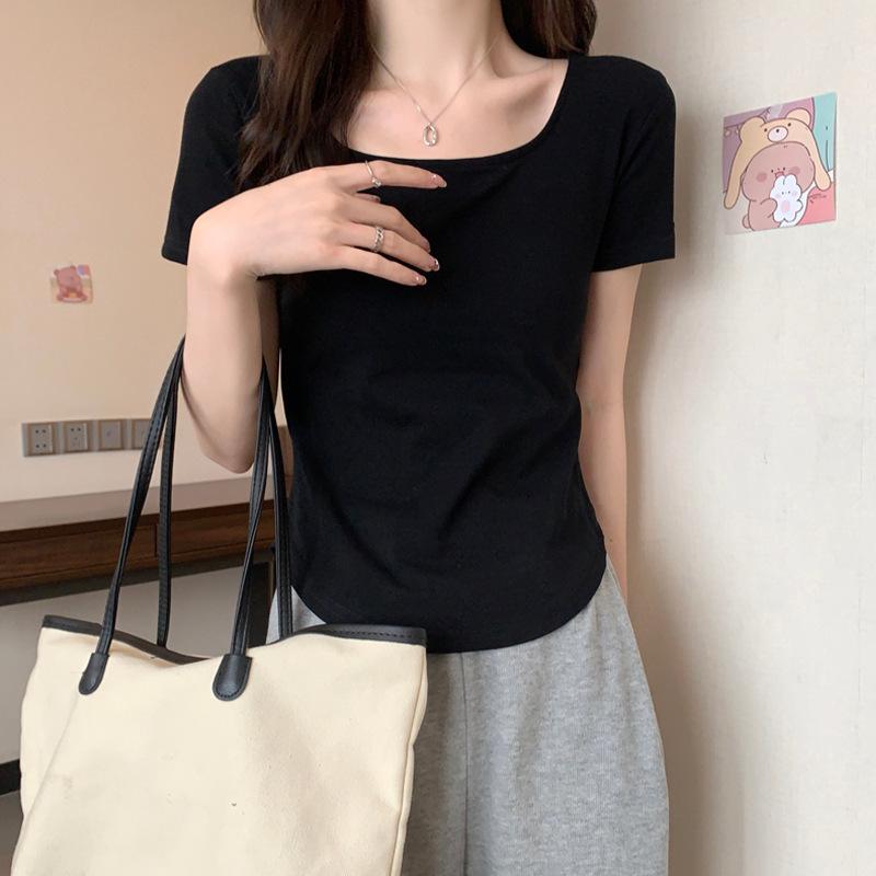 Plus Size Ladies Summer U-neck Short Sleeve T-shirt Women's Solid Color Irregular Short Top