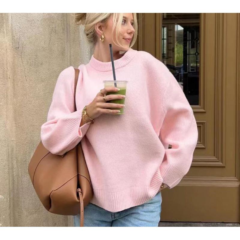 

2023 Winter Solid Color Sweet Round Neck Pullover Sweater - European & American Style Extra Large рожевий