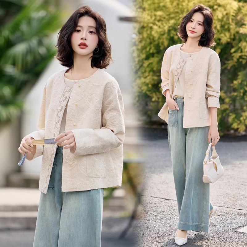 

Весенне-осенняя новая льняная короткая куртка с вышивкой и бисером, с круглым вырезом, женский свободный топ из хлопка и льна XL