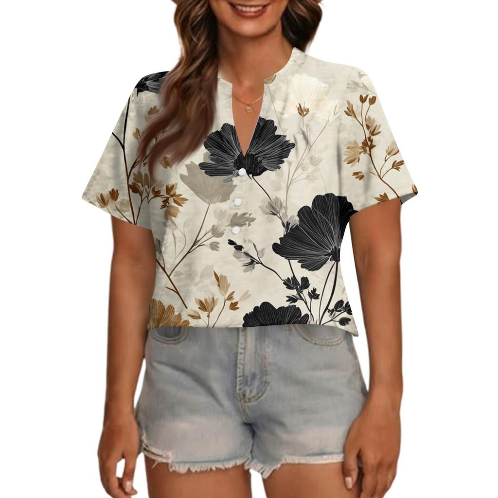 Women's Fashionable Casual V Neck Button Up Oversized Short Sleeve Printed Top