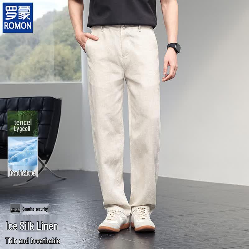 ROMON Men s Lyocell Linen Blend Straight-Leg Casual Business Trousers 30