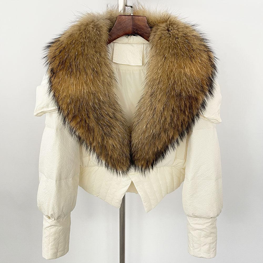 OFTBUY Down Jacket Women 2024 New Winter Natural Real Raccoon Fox Fur Collar Short White Duck Down Coat Thick Warm Casual Outerwear