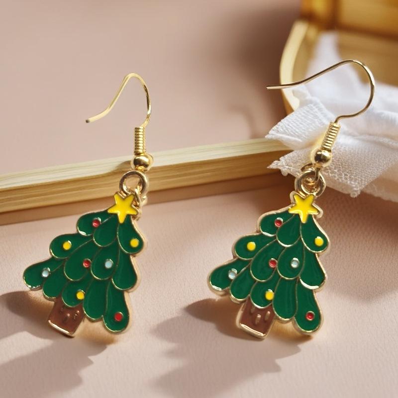 Festive Drip Oil Santa Claus, Christmas Tree & Reindeer Earrings - Cute & Fashionable Ear Jewelry with Hooks