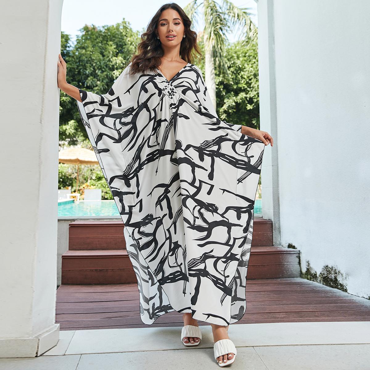 

Платье-кафтан макси для женщин, купальный костюм, летняя легкая пляжная одежда с v-образным вырезом, одежда для отдыха, плюс размер, домашняя одежда с рукавами «летучая мышь» Q8760 One size белый