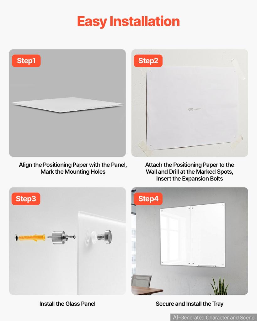 VEVOR Glass Dry Erase Board 2 Pack 900 x 600 mm White Magnetic Whiteboard, Wall-Mounted, Frameless, Thick Tempered Glass, with Markers