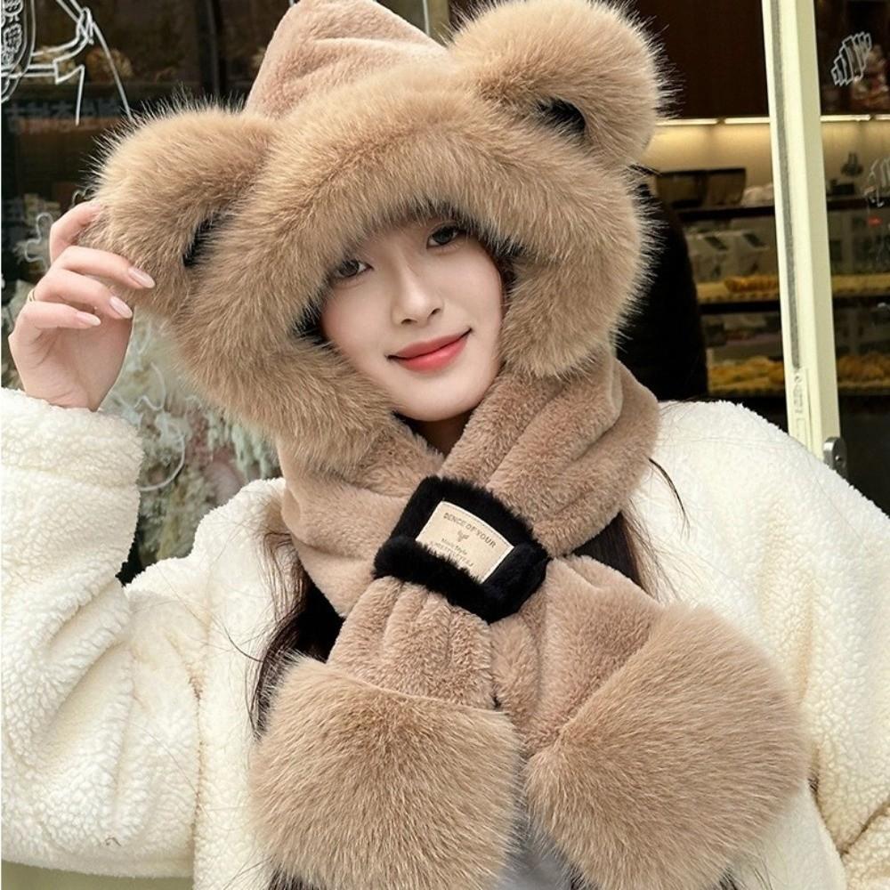 Two-Piece Set Plush Bear Hat Scarf Thickened Neck Warmer Hat Cute Ear Protection Hooded  Winter