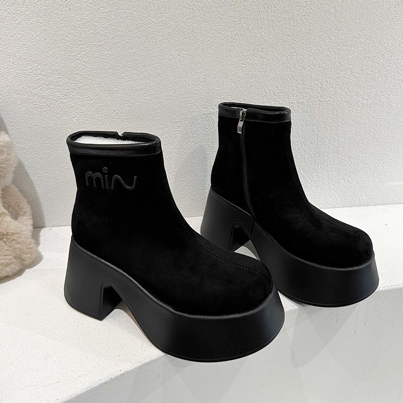 

Модные женские зимние ботинки на высоком каблуке, замшевые туфли на платформе, массивные туфли, зима 2025 года, повседневная обувь в готическом стиле, челси, вечерние, прогулочные ботинки для женщин 40 чёрный