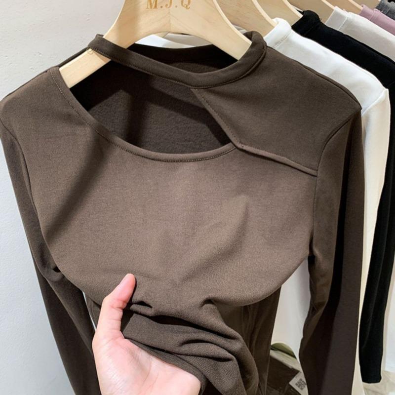 

Autumn and Winter Hollow Thin Velvet Bottoming Shirt Women s Long-sleeved T-shirt Slim Fit Versatile Top S коричневий