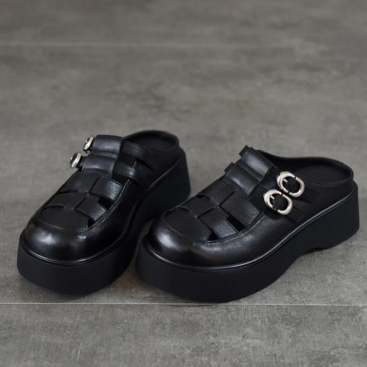Johnature Runde Zehenpartie, ausgehöhlte Outdoor-Hausschuhe für Damen, leichte Sandalen aus echtem Leder mit dicker Sohle