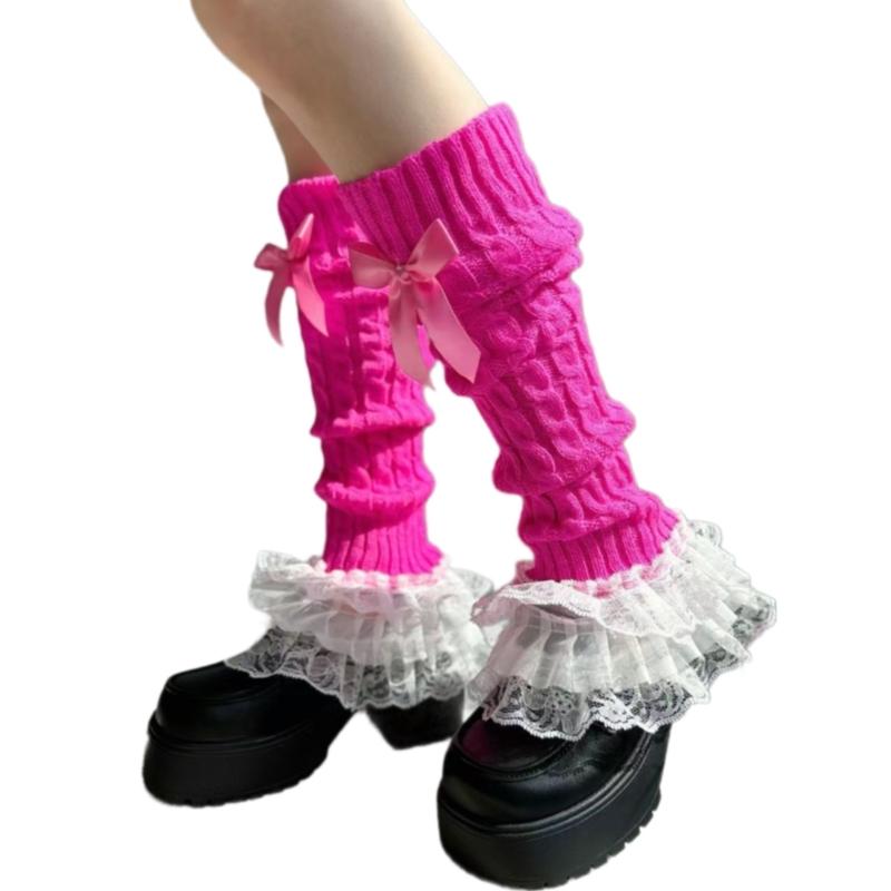 Cable Knit Leg Warmers Boot Cuffs with Bowknot Decorated Sweet Tiered Ruffled Lace Trim Leg Covers Calf Socks for Women