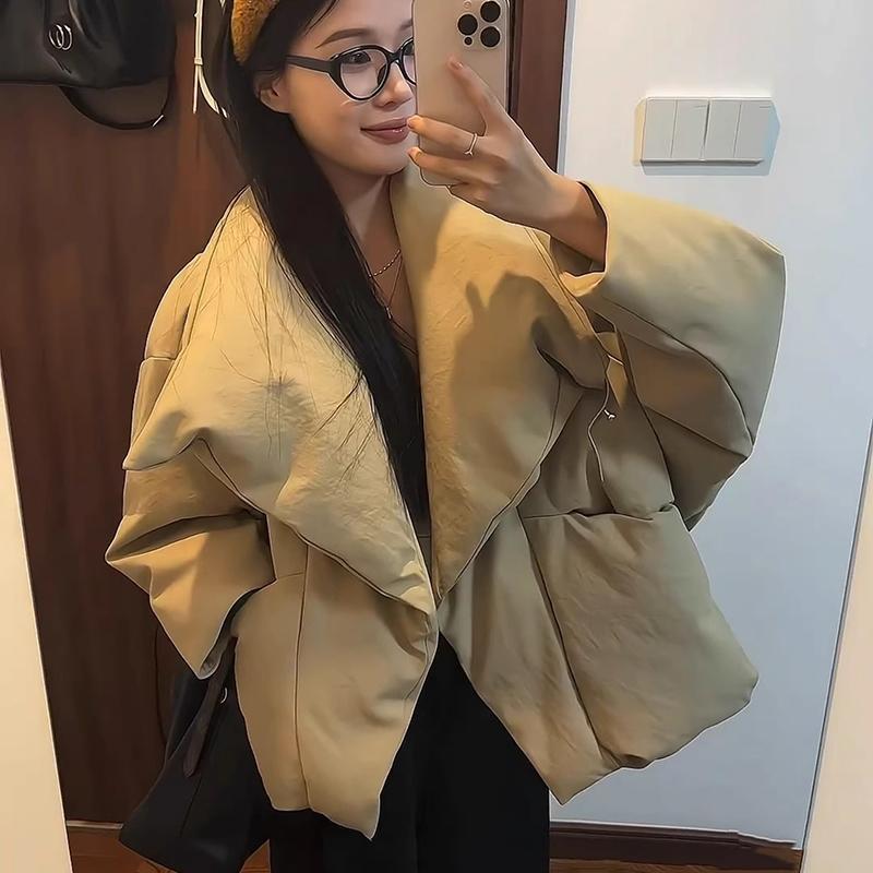 Women's Winter Short Down Cotton Jacket 2025 Simple Fashion Warm Large Lapel Jacket Long Sleeve Loose Fit Women Parkas