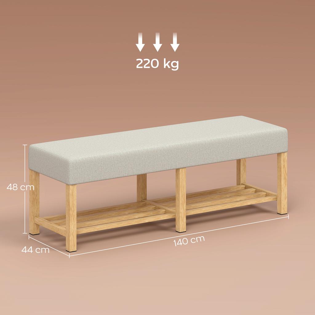 140 cm Shoe Bench Made of Solid Wood, Modern Hallway Bench with Upholstered Seat for Two People, Natural Wood and Cream White