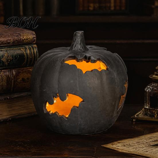 Decorative Yard Figurines Halloween Pumpkin Resin Figurine, Bat Hollow Out Lantern with Atmospheric Night Lighting Warm Light, Spooky Indoor