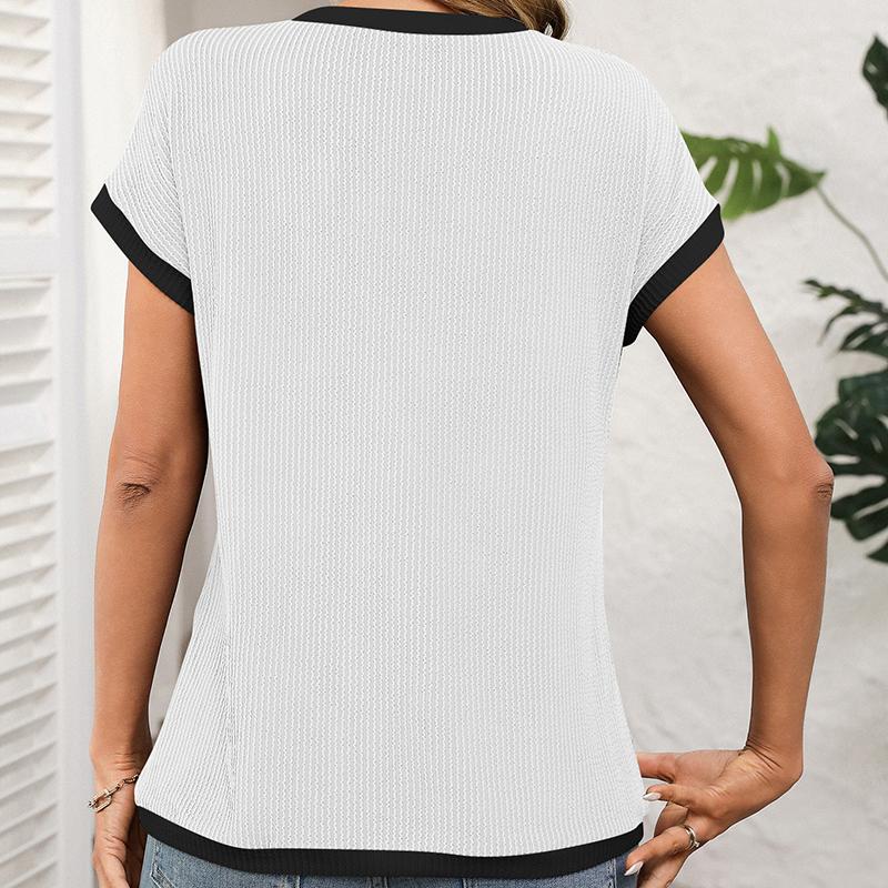 Ladies Summer Short Sleeve O Neck Solid Color Pullover Knitted T Shirt Top