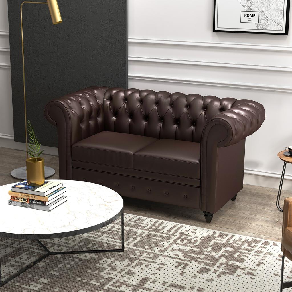 2-Seater Chesterfield-Style Sofa with Removable Cushion, In Faux Leather, Wood and Metal, 160x84x80 Cm, Brown