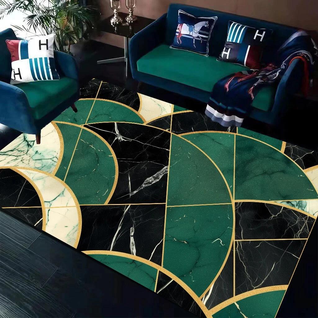 Dark Green Geometry Carpet Living Room Sofa Table Side Rug Golden Line Bedroom Decoration Rugs Parlor Study Decor Mat Non Slip