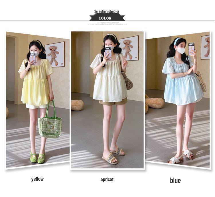 Summer 2026 Korean Maternity Lace Embroidered Doll Top & Tummy Support Shorts