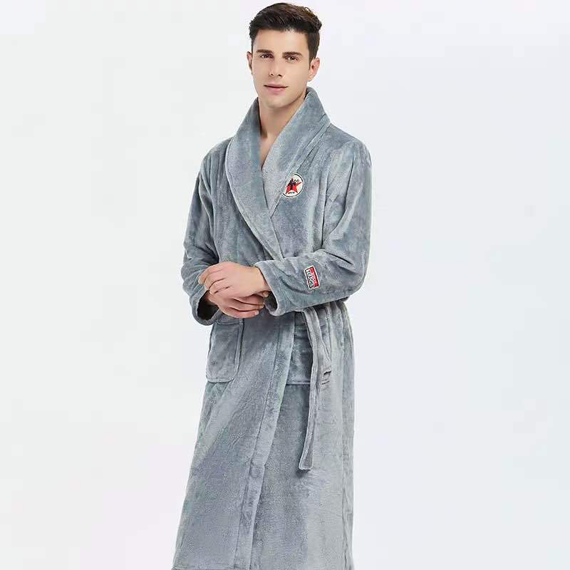 Autumn Winter Nightdress Men Casual Coral Fleece Sleepwear Warm Home Wear Flannel Belt Pyjamas Kimono Bathrobe Gown
