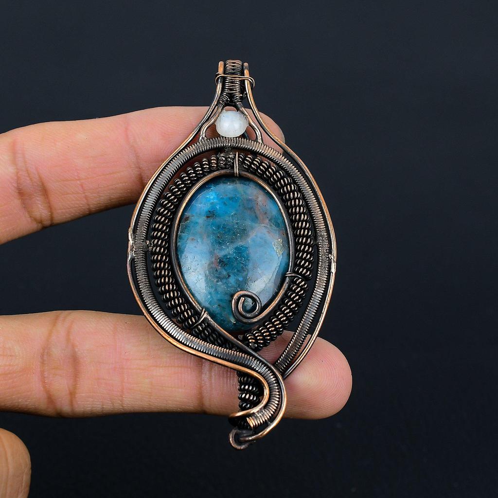 Neon Apatite, Moonstone Gemstone Pure Copper Wire Wrapped Designer Handmade Pendant Jewelry Gift For Woman