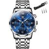 Men's Silver Watch, Popular Waterproof Analog Quartz Watch, Stylish Stainless Steel Watch for Business, Date Display, Simple Design, Large Blue Dial,