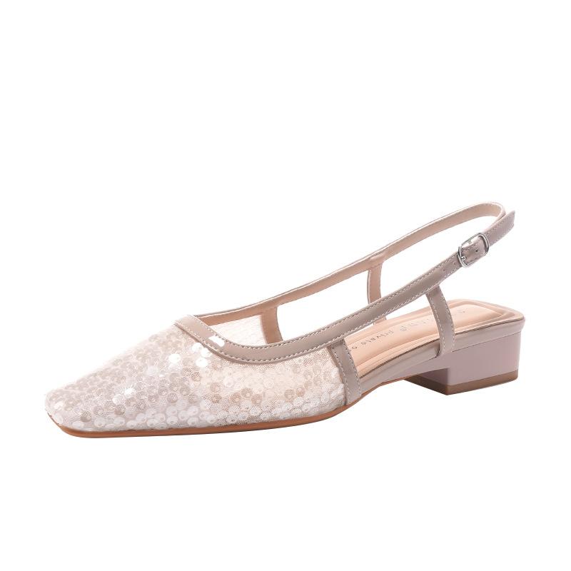 Retro Square Head High Heels Women's Low Heels Sequined Bag Head Sandals Women's Thick Heels Mary Jane Shoes Single Shoes