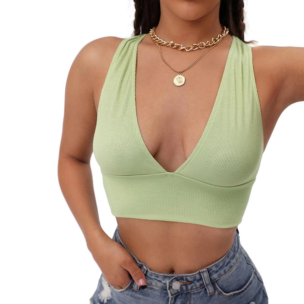 Women Summer Casual Sports Running Solid Color V Neck Bare Midriff Vest Crop Top
