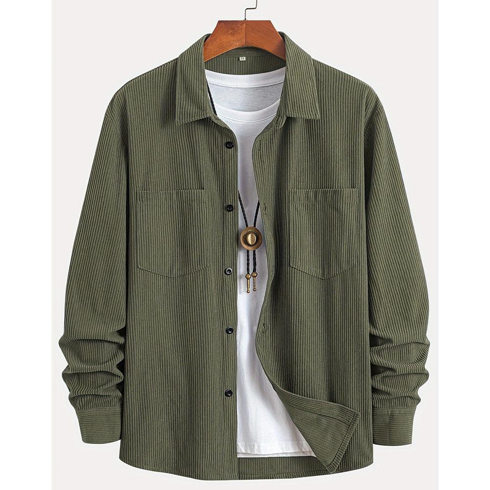 Men Corduroy Shirt Long Sleeve Plaid Solid Color Wrinkle Free Business Casual Slim Fit Top